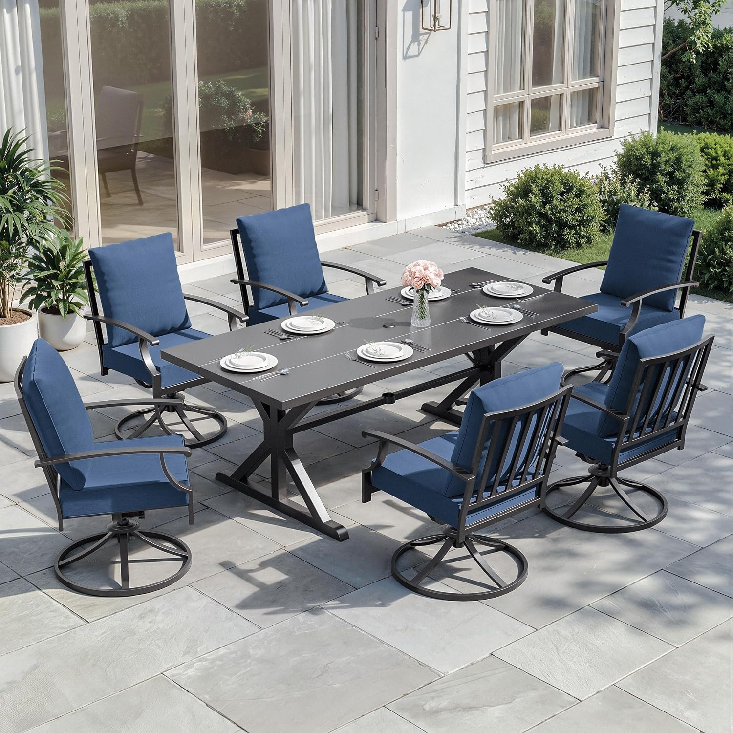 Outdoor Furniture Plus - Metalen Tuinset 7-delig met 6 Draaistoelen,