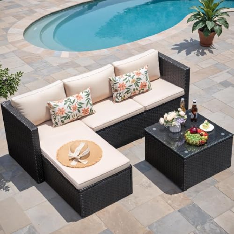 Outdoor Furniture Plus - Tuinmeubelenset: beige wicker rattan hoekbank met