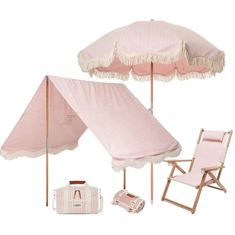Outdoor Furniture Plus - Strandparasol van katoenen canvas met franjes,